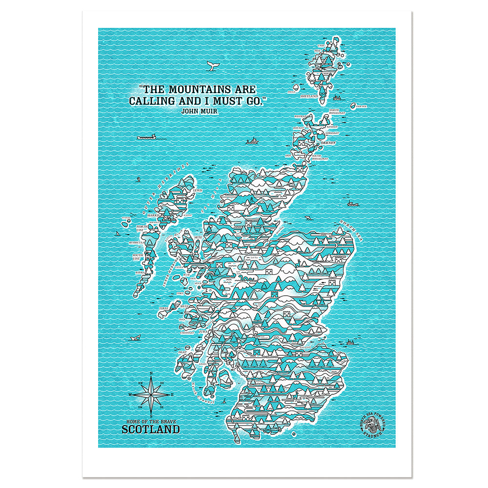 SCOTLAND BLUE WIRED MAP ART PRINT