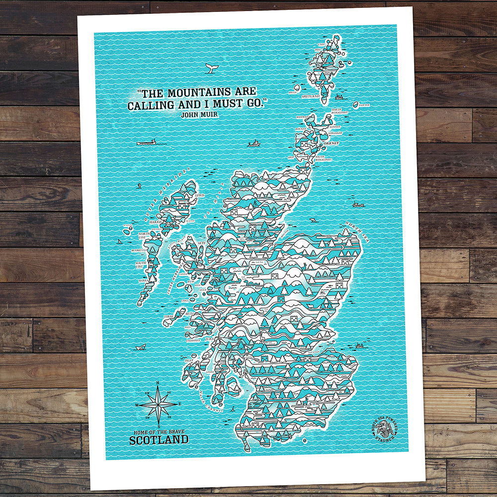 SCOTLAND BLUE WIRED MAP ART PRINT