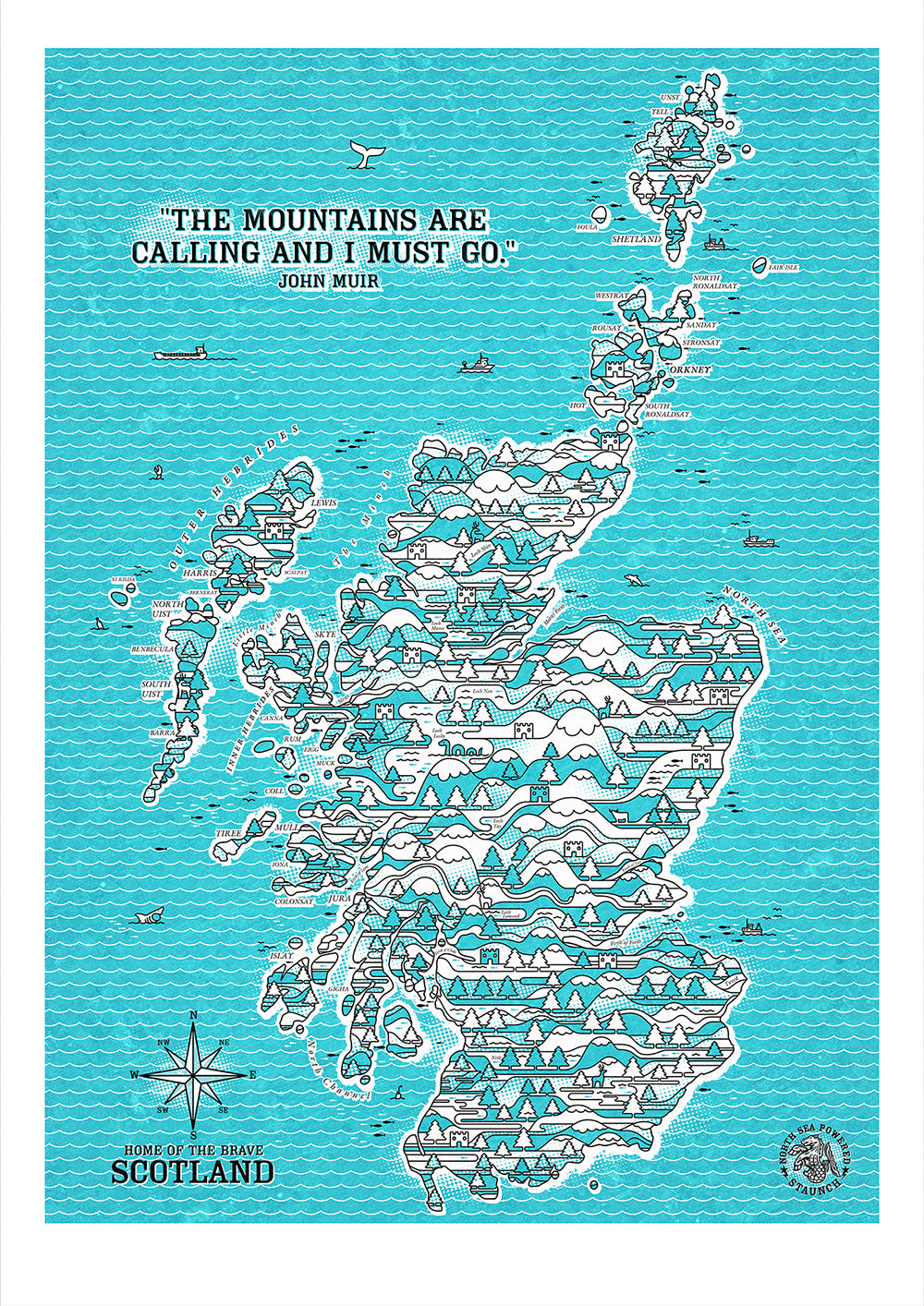 SCOTLAND BLUE WIRED MAP ART PRINT