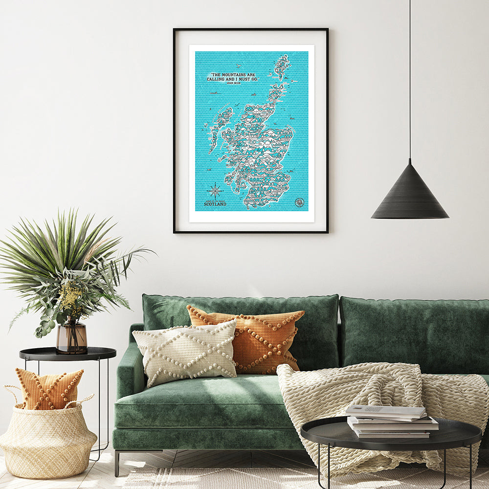 SCOTLAND BLUE WIRED MAP ART PRINT